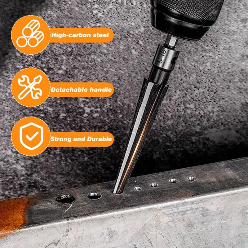 EMVANV 2Pcs Bridge Pin Hole Reamer, 3-13mm(1/8''-1/2'') & 5-16mm(½-5/8") T Handle Taper Reamer Set, 6 Fluted Chamfer Reaming Tool, Bridge Pin Hole Handle Tapered Reamers(Black Silver) - Image 3